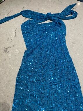 Blue sequin Lucy in the Sky halter dress XS